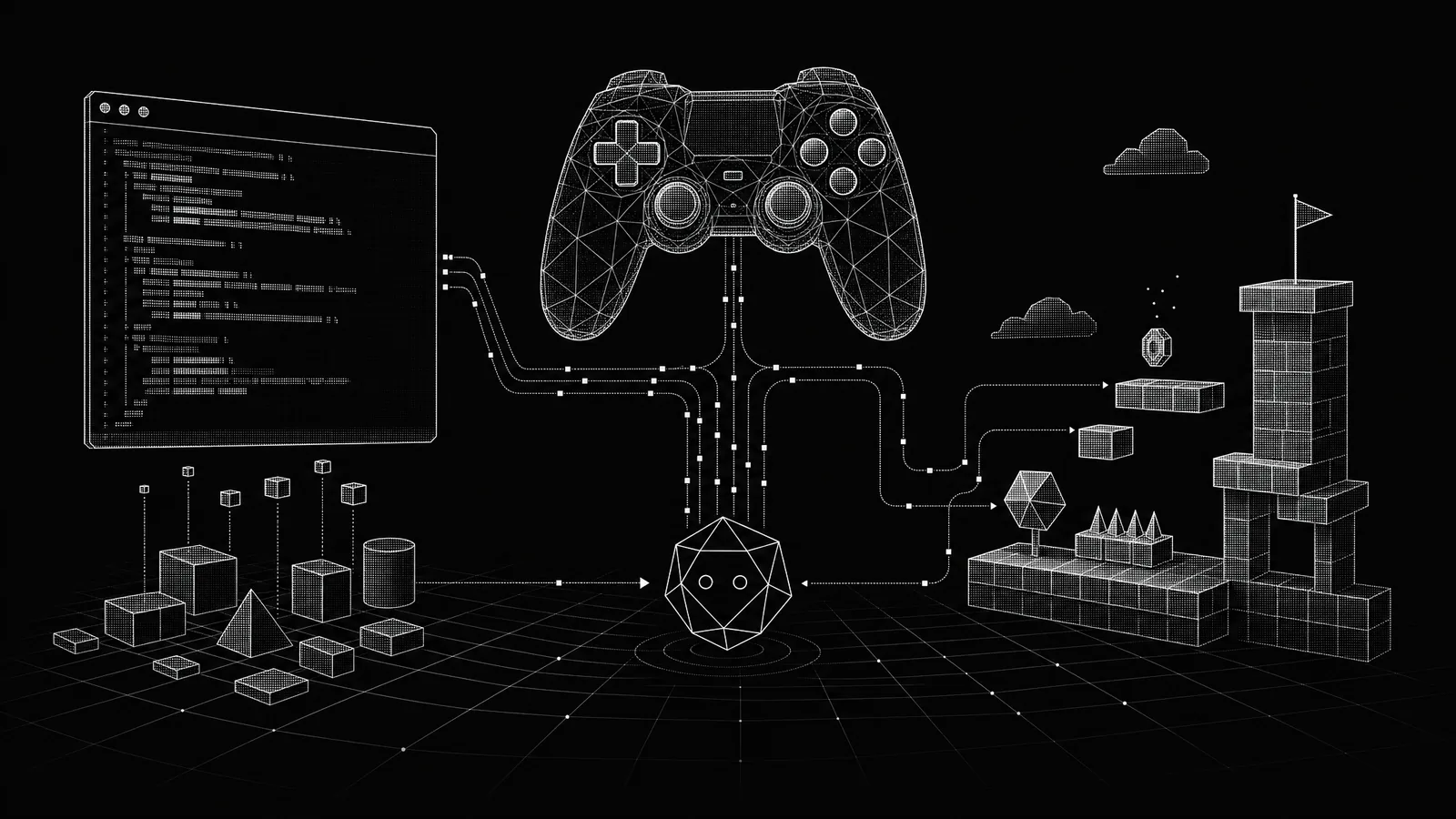 A wireframe game controller linked to a code window and to blocks assembling into a platformer level.