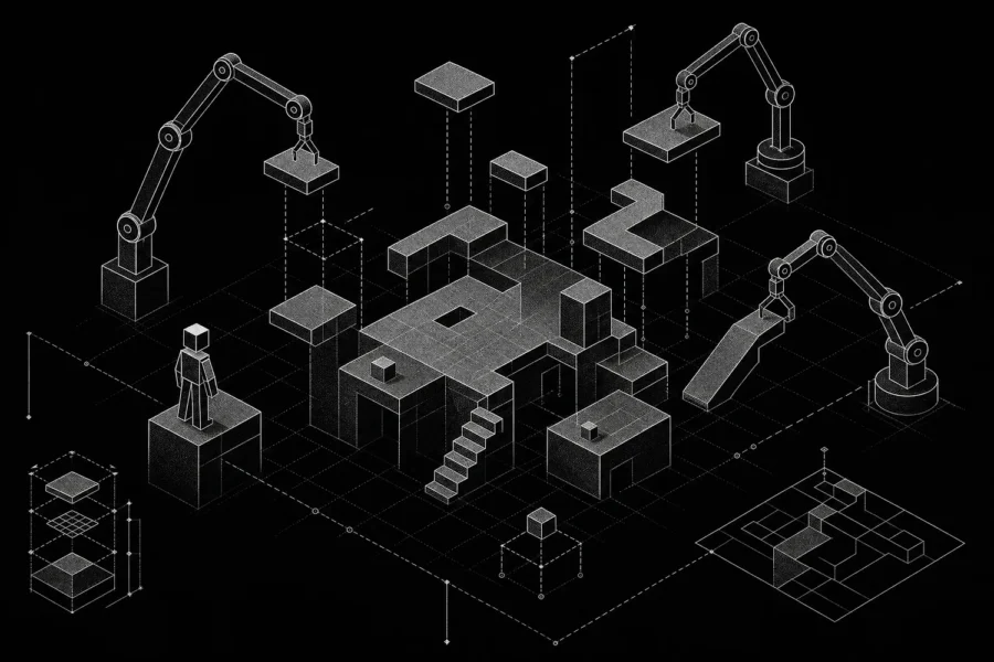An isometric low-poly level under construction, with robotic arms placing platforms and a figure on a ledge.