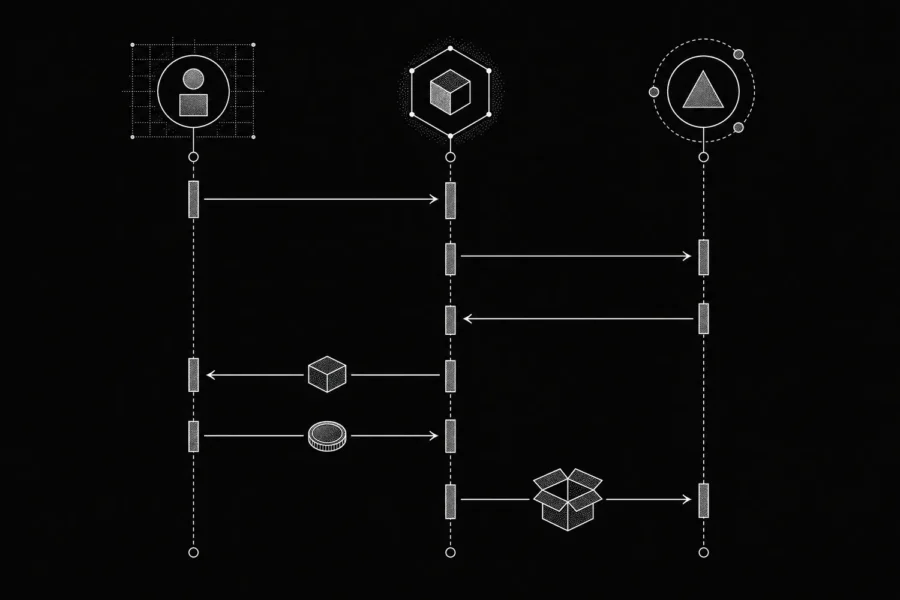 Sequence diagram of a client, a server and a facilitator exchanging a request, a payment and a delivery.