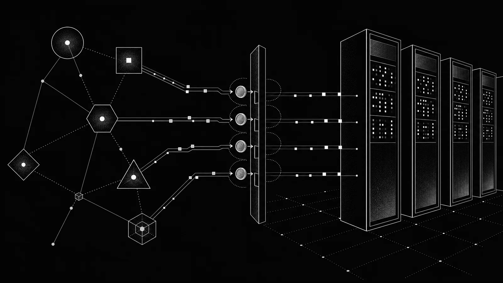 Monochrome illustration of agent nodes paying a row of server racks through small payment gates.