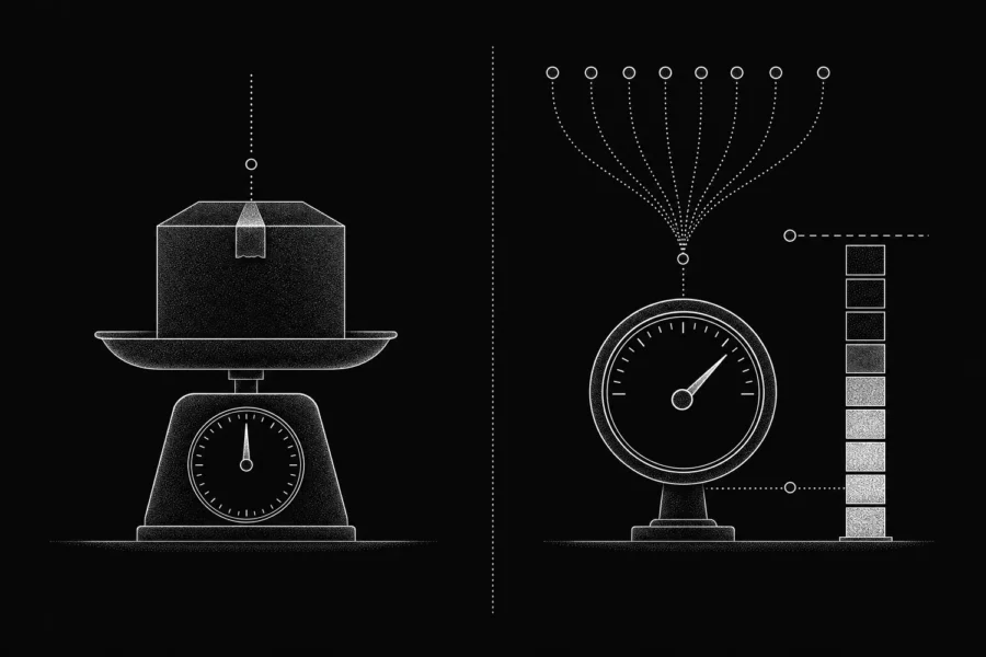 Illustration comparing a fixed-price parcel on a scale with a meter that fills up to a dashed maximum line.